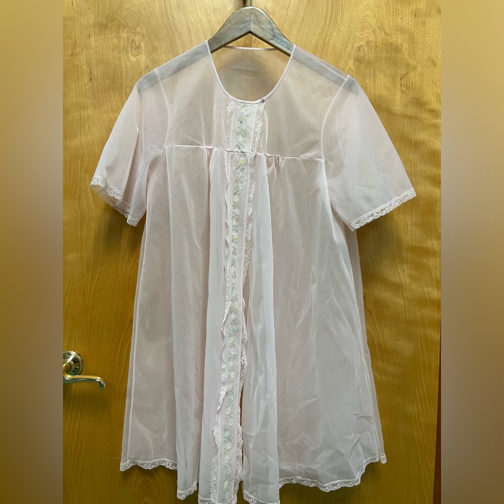 Vintage Shadowline — Sheer Embroidered  Nightgown/ Robe with Lace Trim